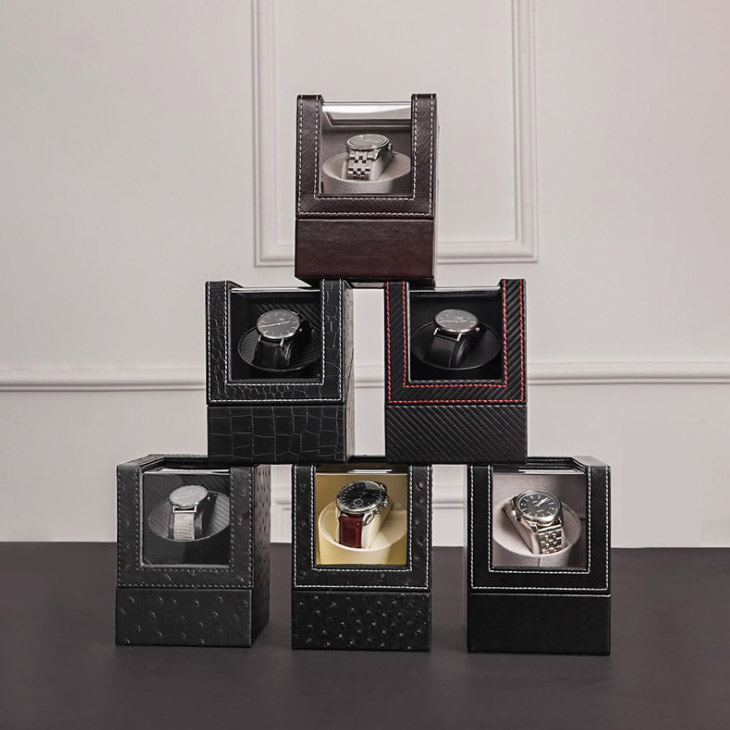 6 different kinds of Fashion Promotional PU Leather Single Watch Winder with Stitch Trim Customized Logo