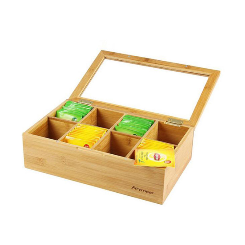 Wholesale Reusable Eco Friendly Storage 8 Equally Divided Compartments Bamboo Tea Storage Box